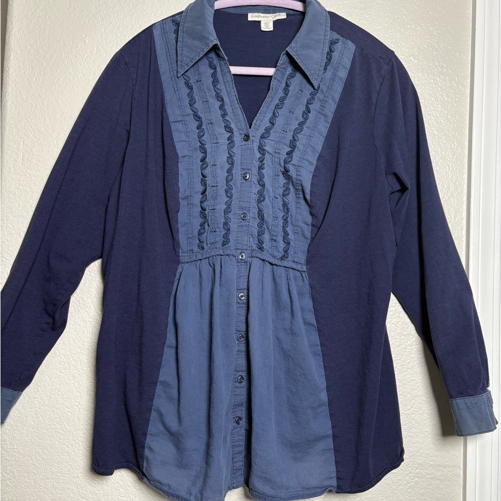 Coldwater Creek Blue Lightweight, Long Sleeve Button Up Top w‎ Embroidery Cotton